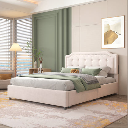 Upholstered Platform Bed with Classic Headboard and 4 Drawers, No Box Spring Needed, Velvet Fabric, Queen Size Beige