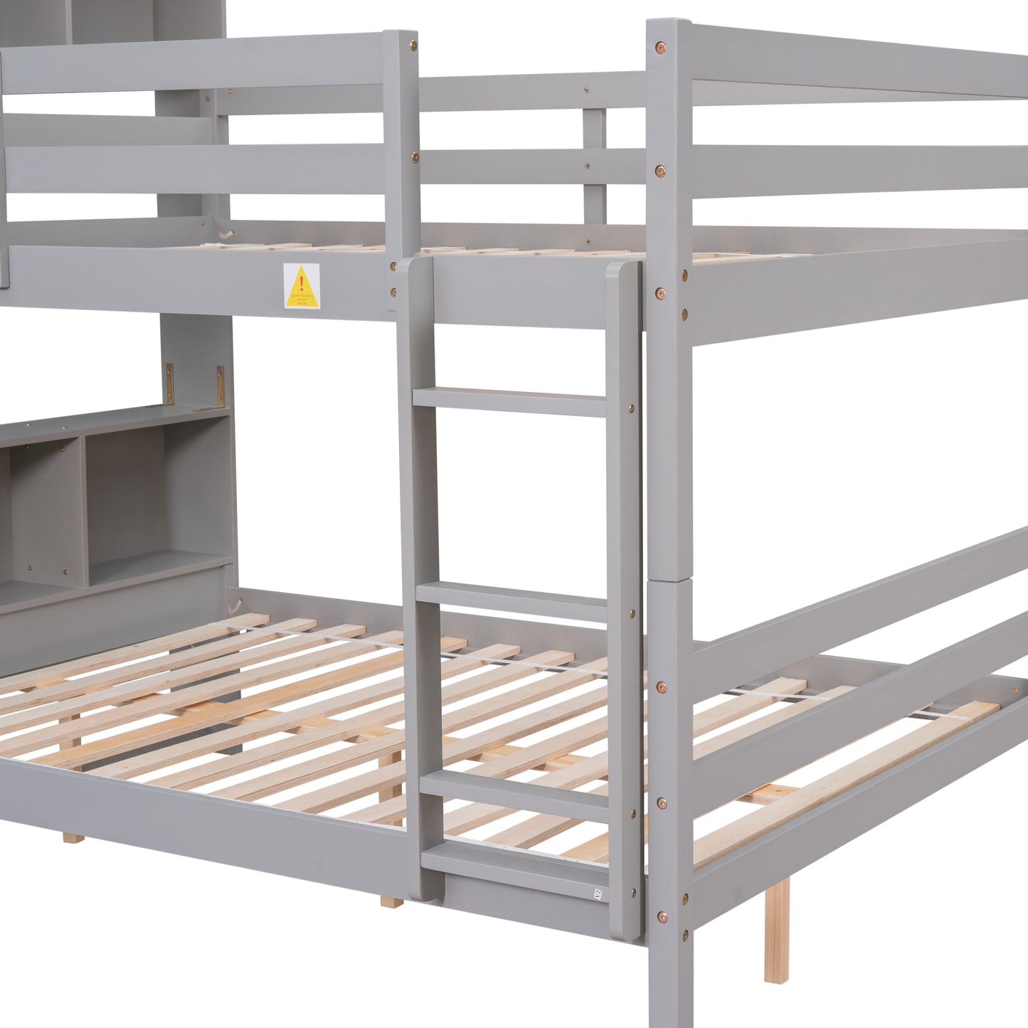 Full Over Full Bunk Beds with Bookcase Headboard, Solid Wood Bed Frame with Safety Rail and Ladder, Kids/Teens Bedroom, Guest Room Furniture, Can Be converted into 2 Beds, Grey