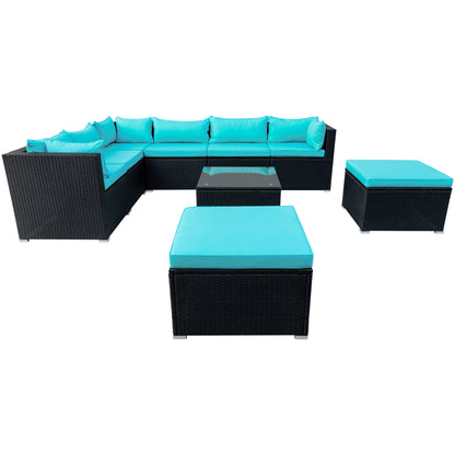 GO 9-piece Outdoor Patio PE Wicker Rattan conversation Sectional Sofa sets with 3 sofa, 3 corner sofa, 2 ottomans, and 1 glass coffee table, removable soft cushions (Black wicker, Blue cushion)