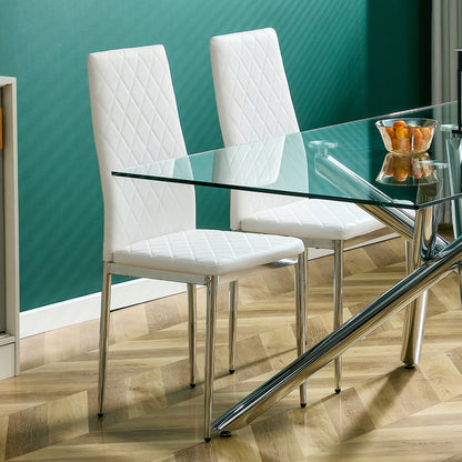 Grid Shaped Armless High Back Dining Chair,2-Piece Set, Office Chair. Applicable to Dining Room, Living Room, Kitchen and Office.White Chair and Electroplated Metal Leg