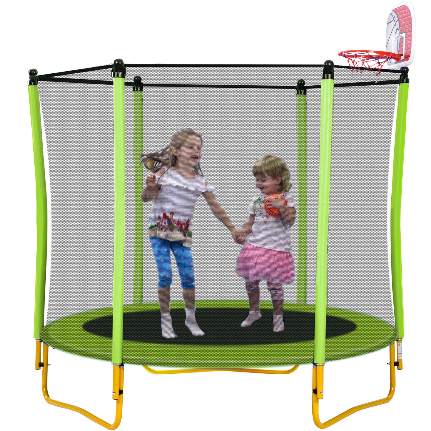 5.5FT Trampoline for Kids - 65" Outdoor & Indoor Mini Toddler Trampoline with Enclosure, Basketball Hoop and Ball Included