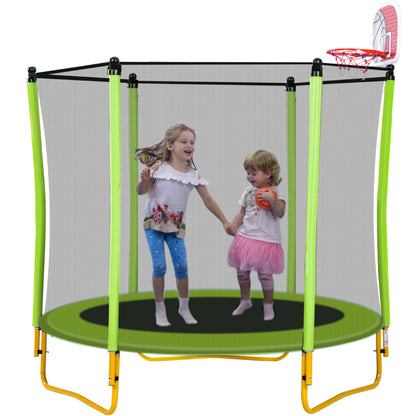 5.5FT Trampoline for Kids - 65" Outdoor & Indoor Mini Toddler Trampoline with Enclosure, Basketball Hoop and Ball Included