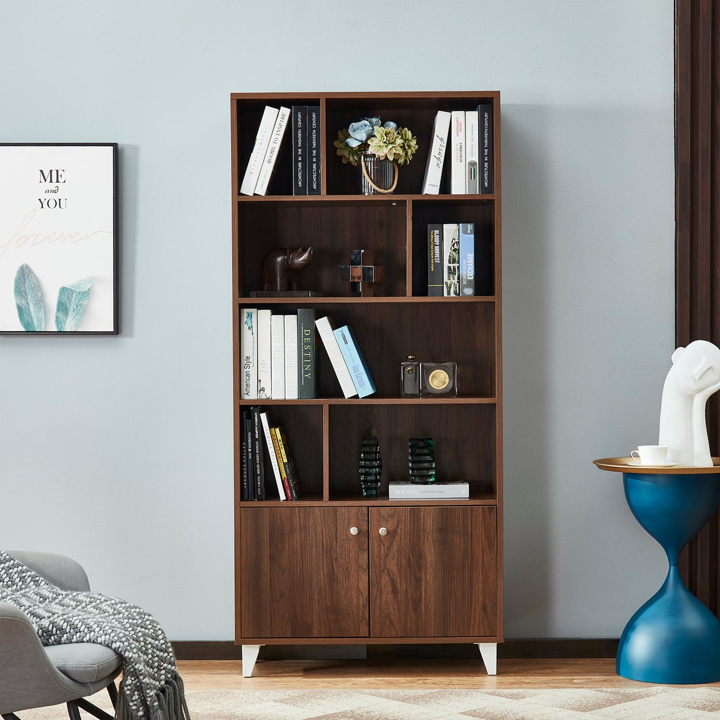 68" Bookcase with 2 Doors, Bookshelf, Walnut