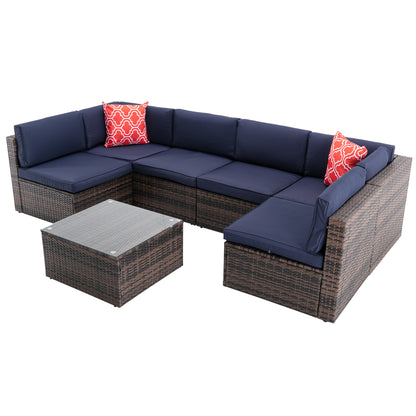 7Pcs Outdoor Garden Patio Furniture  PE Rattan Wicker  Sectional Cushioned Sofa Sets with 2 Pillows and Coffee Table