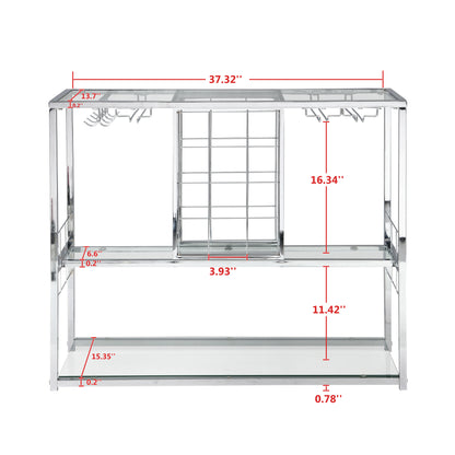 Bar Cart Kitchen Bar&Serving Cart for Home with Glass Holder and Wine Rack, 3-Tier Kitchen Trolley with Tempered Glass Shelves and Chrome-Finished