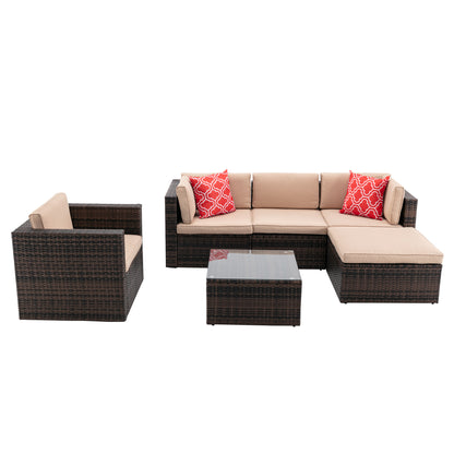 6Pcs Outdoor Garden Patio Furniture  PE Rattan Wicker  Sectional Cushioned Sofa Sets with 2 Pillows and Coffee Table