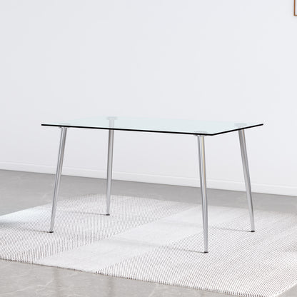 Modern Minimalist Rectangular Glass  Dining Table for 4-6 with 0.31" Tempered Glass Tabletop and Silver plating Metal Legs, Writing Table Desk, for Kitchen Dining Living Room, 51" W x 31"D x 30" H