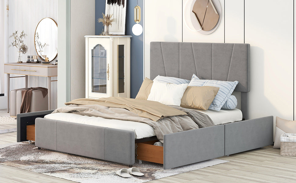 Queen Size Upholstery Platform Bed with Four Drawers on Two Sides,Adjustable Headboard,Grey