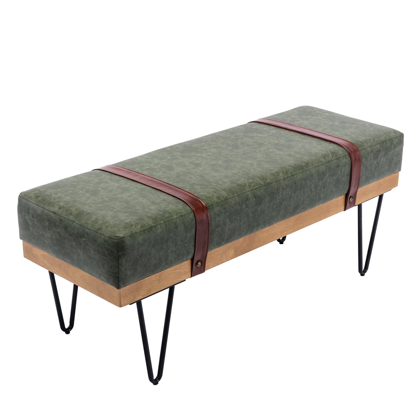 Faux leather soft cushion Upholstered solid wood frame Rectangle bed bench with powder coating metal legs ,Entryway footstool