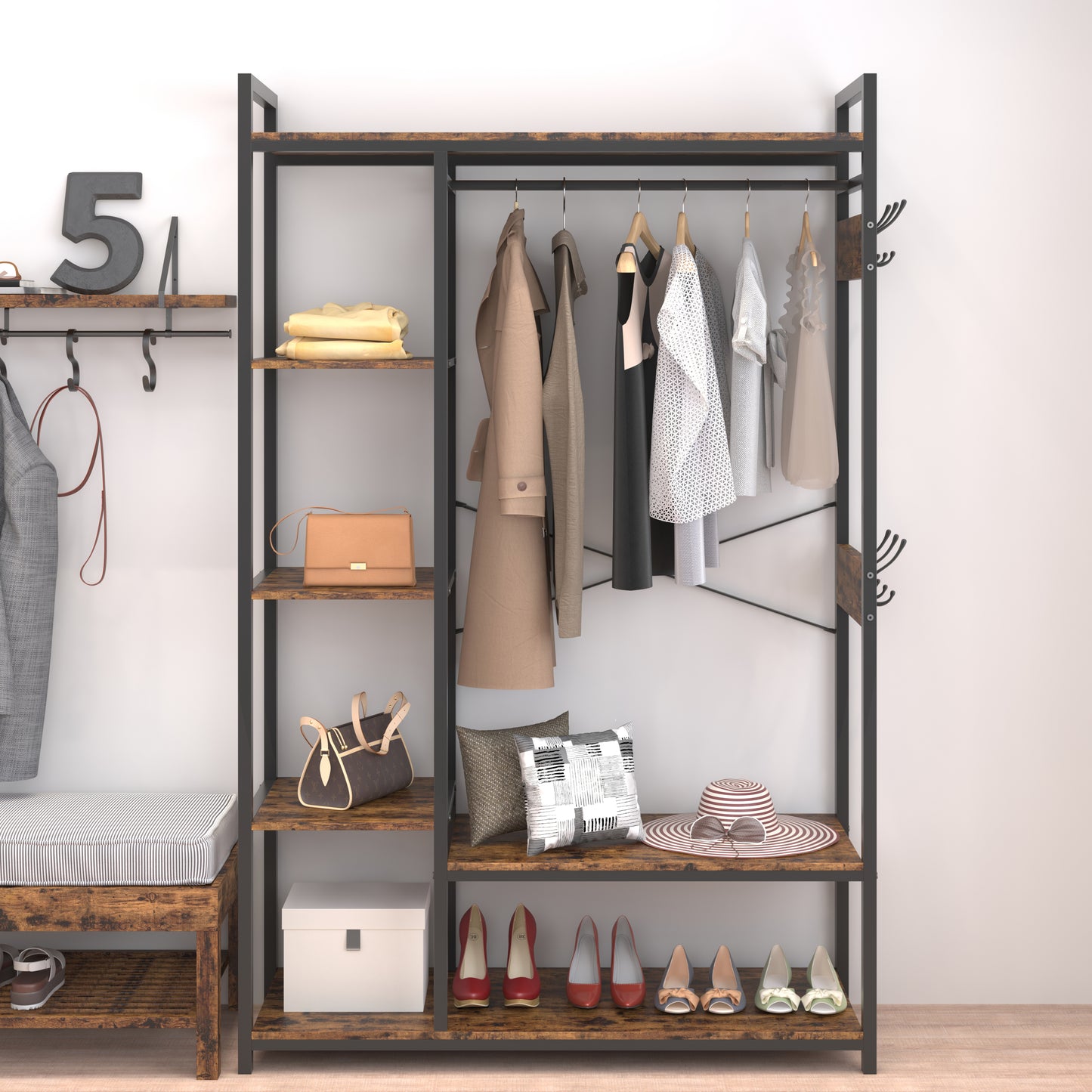 JHX Organized Garment Rack with Storage, Free-Standing Closet System with Open Shelves and Hanging Rod(Rustic Brown,43.7’’w x 15.75’’d x 70.08’’h).