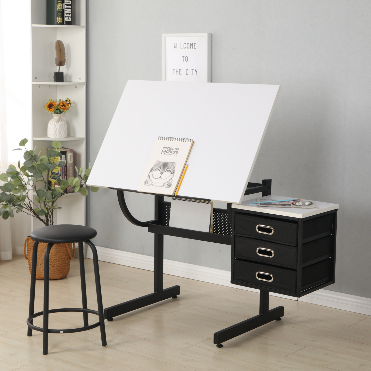 White adjustable drafting drawing table with stool and 3 drawers