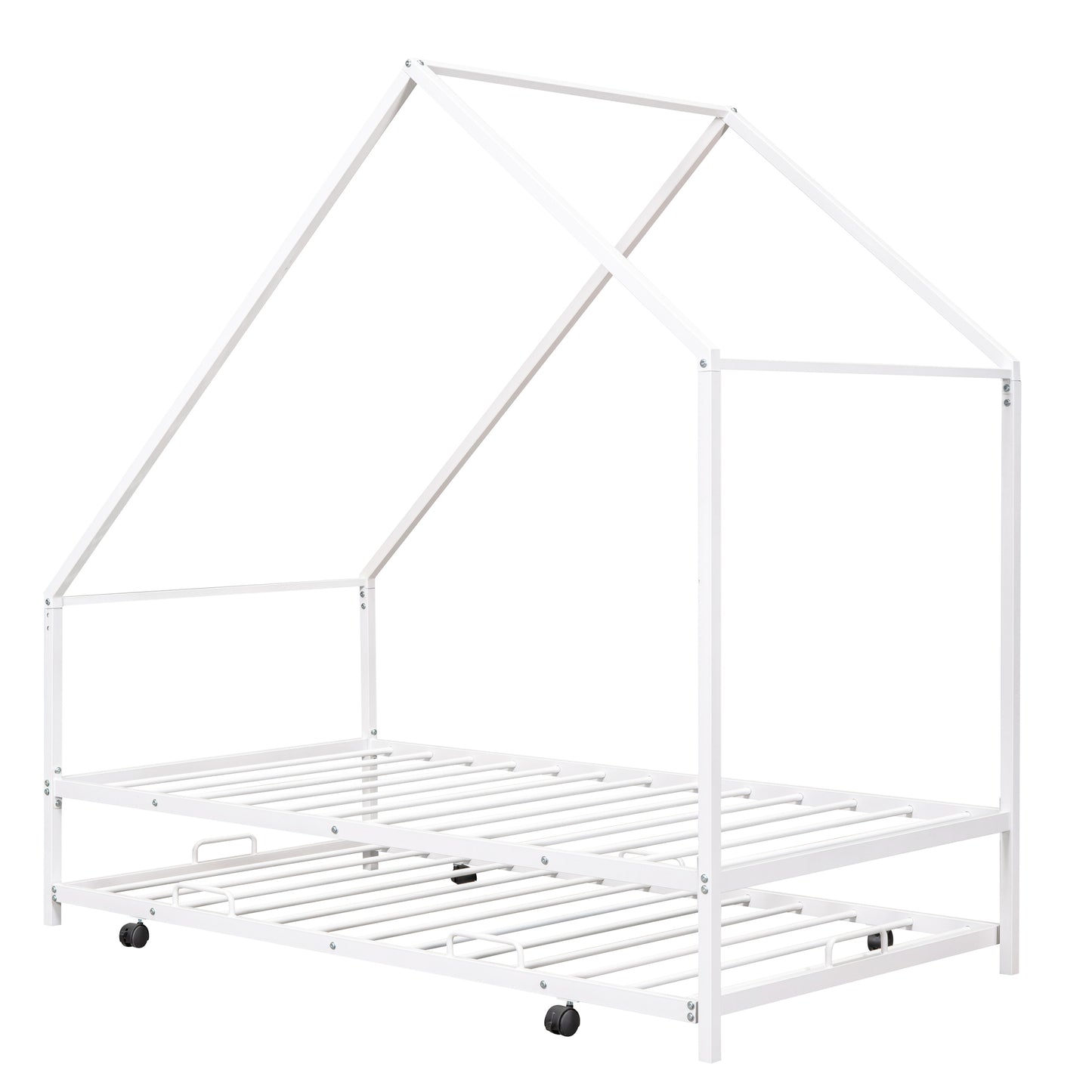 Metal House Bed With Trundle, Twin Size House Bed White