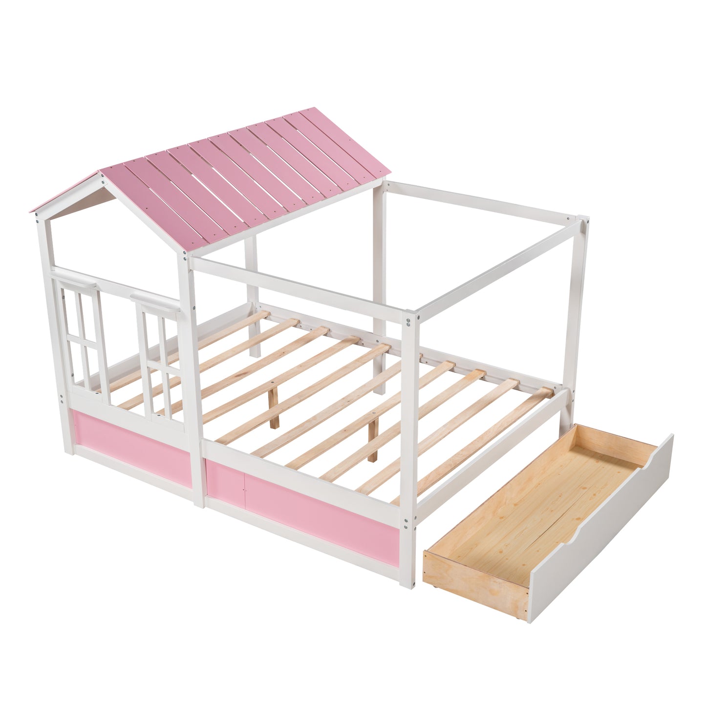 Full Size House Bed with Roof, Window and Drawer - Pink + White