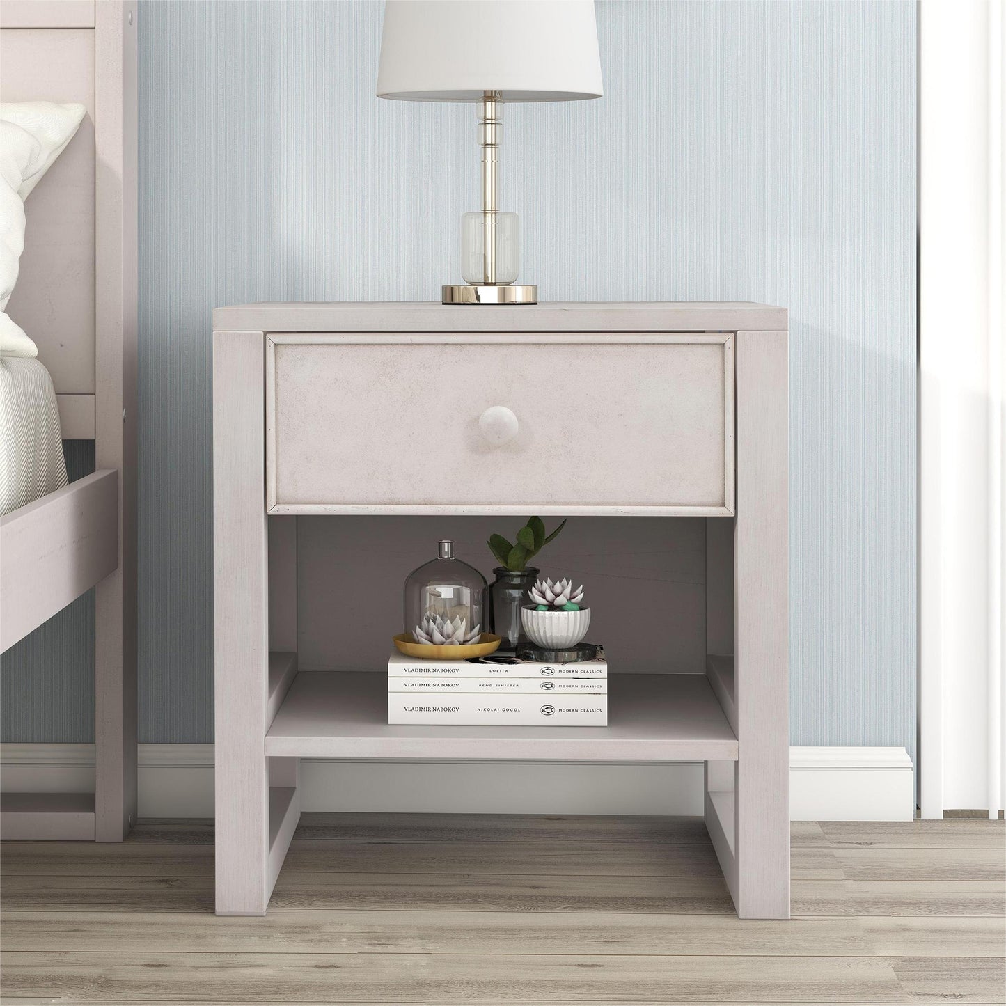 Wooden Nightstand with a Drawer and an Open Storage,End Table for Bedroom,Anitque White