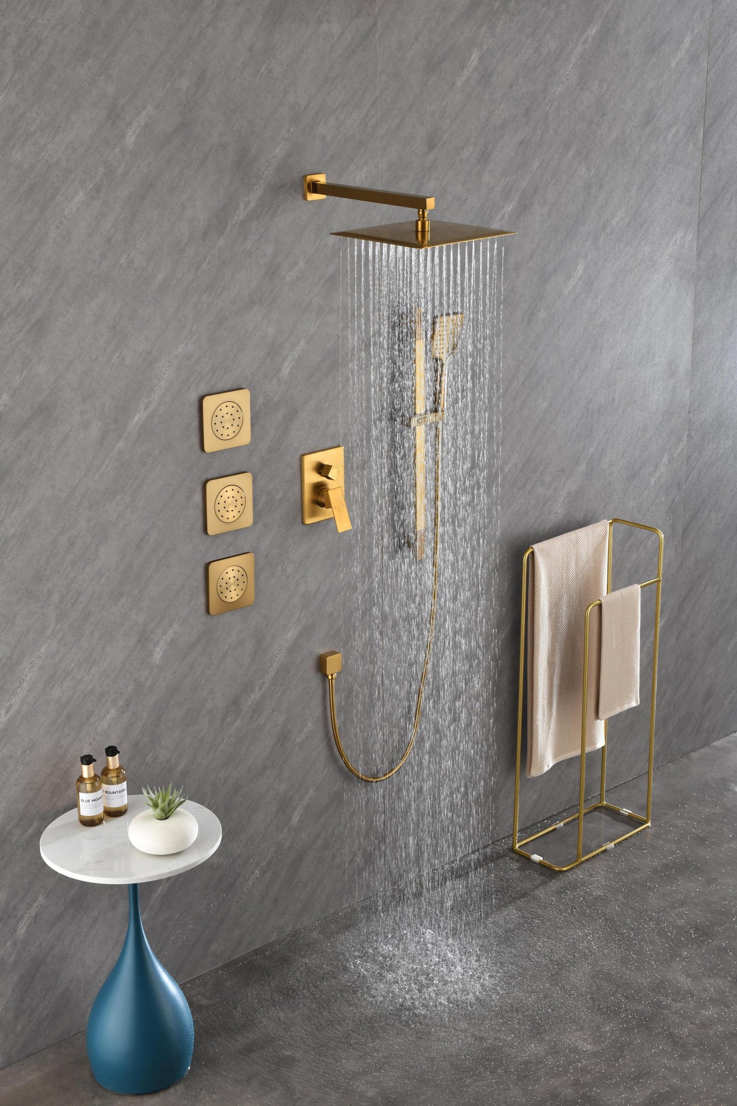 Shower System with Shower Head, Hand Shower, Slide Bar, Bodysprays, Shower Arm, Hose, Valve Trim, and Lever Handles