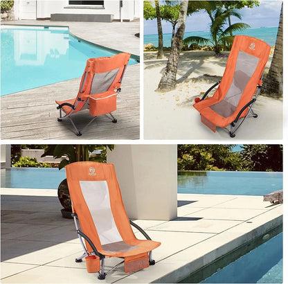 Outdoor Foldable Camp Mesh Chair with a Cup Holder, High Back Low Seat Bench Chair, 600D Oxford Cloth Steel Frame