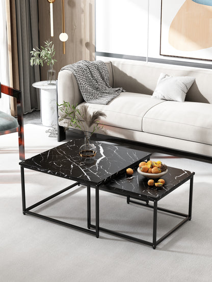 Modern Nesting Coffee  Tables Set, Marble Black, 2pc, 31.5''L 31.5''W 17.72''H