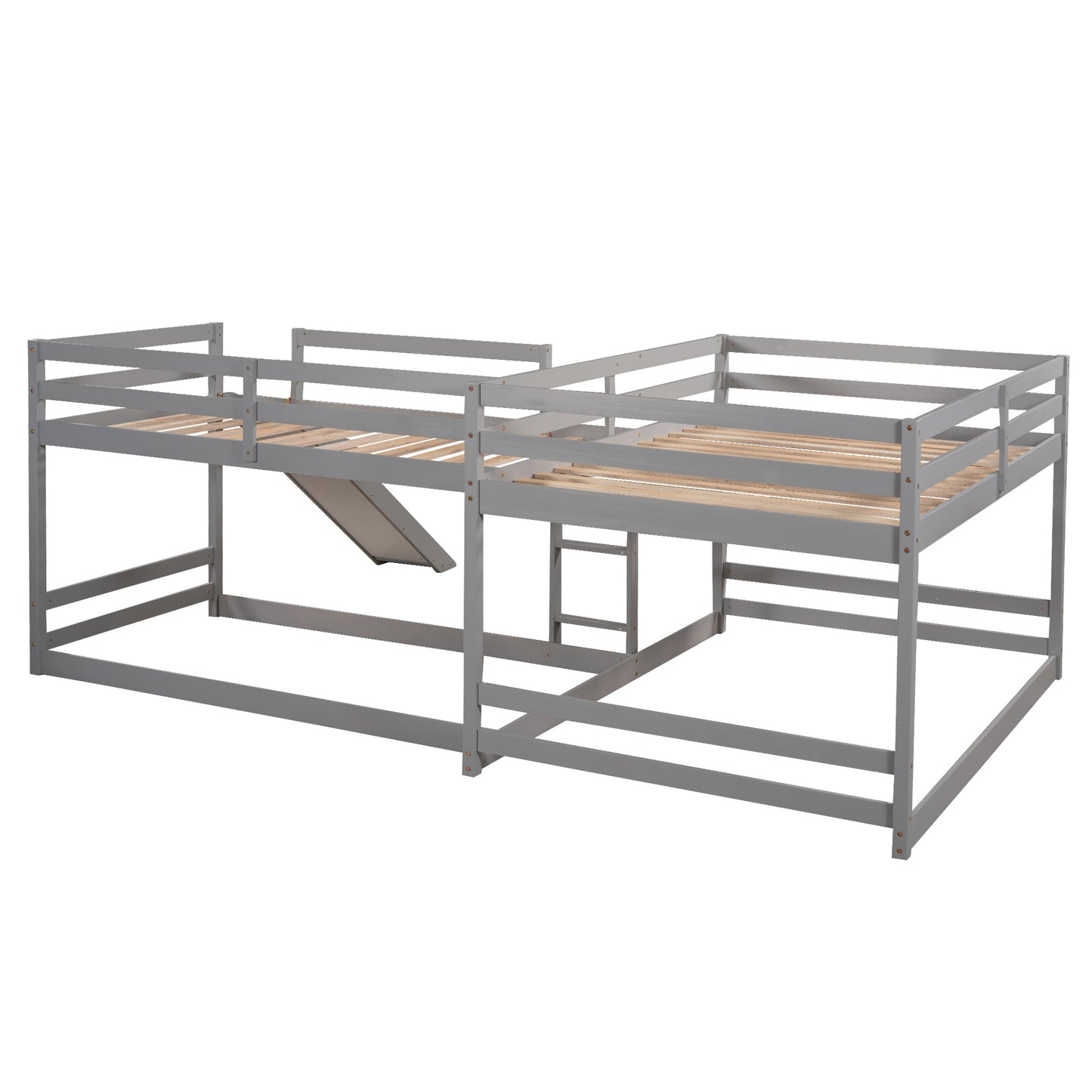 Full and Twin Size L-Shaped Bunk Bed with Slide and Short Ladder,Gray