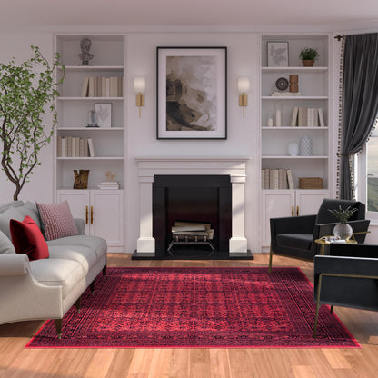 Aurora Border Red and Black Viscose Area Rug 8x10