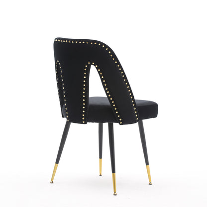 A&A Furniture,Akoya Collection Modern | Contemporary Velvet Upholstered Dining Chair with Nailheads and Gold Tipped Black Metal Legs,Black，Set of 2