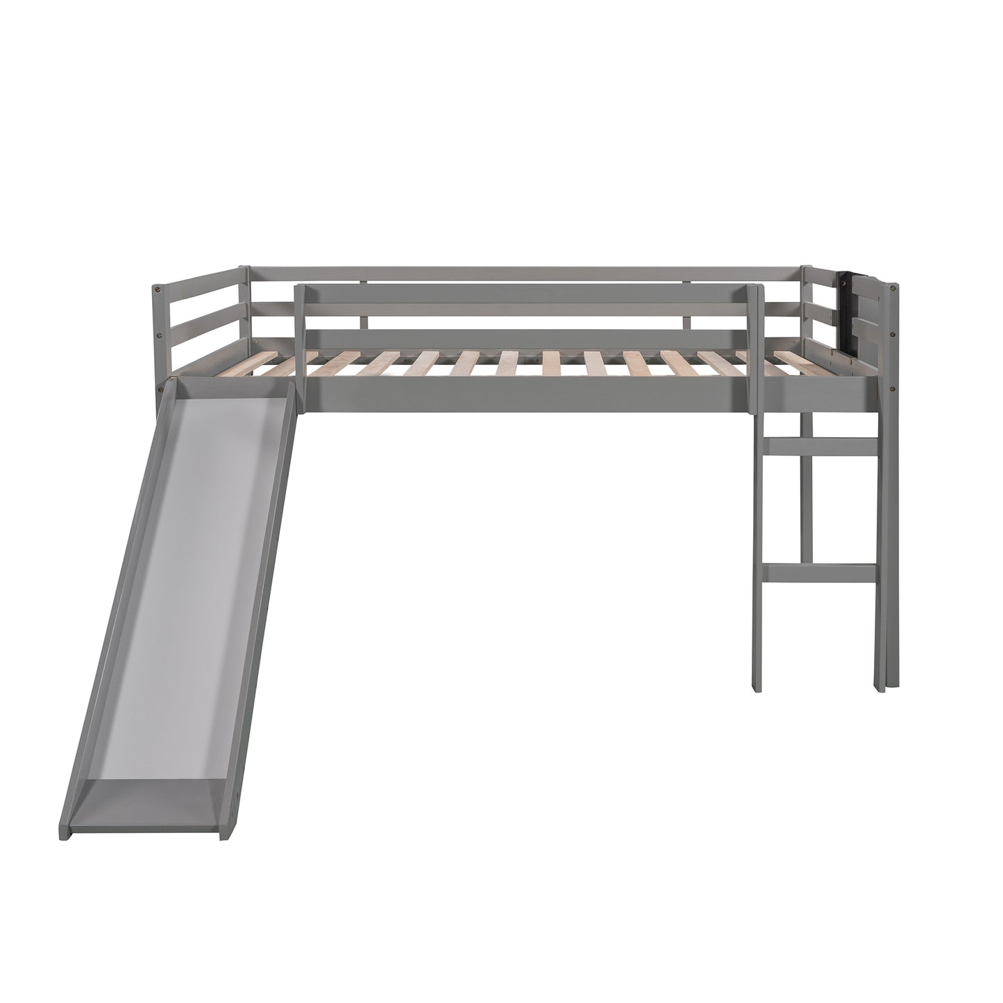 Full size Loft Bed Wood Bed with Slide, Stair and Chalkboard,Gray（Old SKU:WF282116AAE）