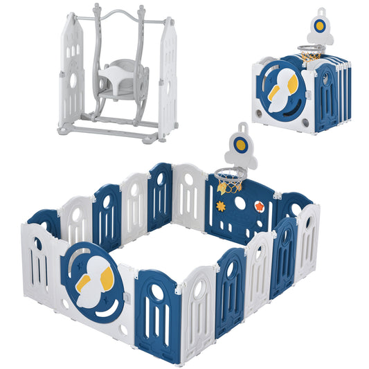 Baby Playpen for Toddler, Astronaut Theme Kids Activity Center with Freestanding Swing Playset, Safety Large Play Yard Home Indoor & Outdoor Safety Gates Foldable Play Pens with Game&Swing for Babies