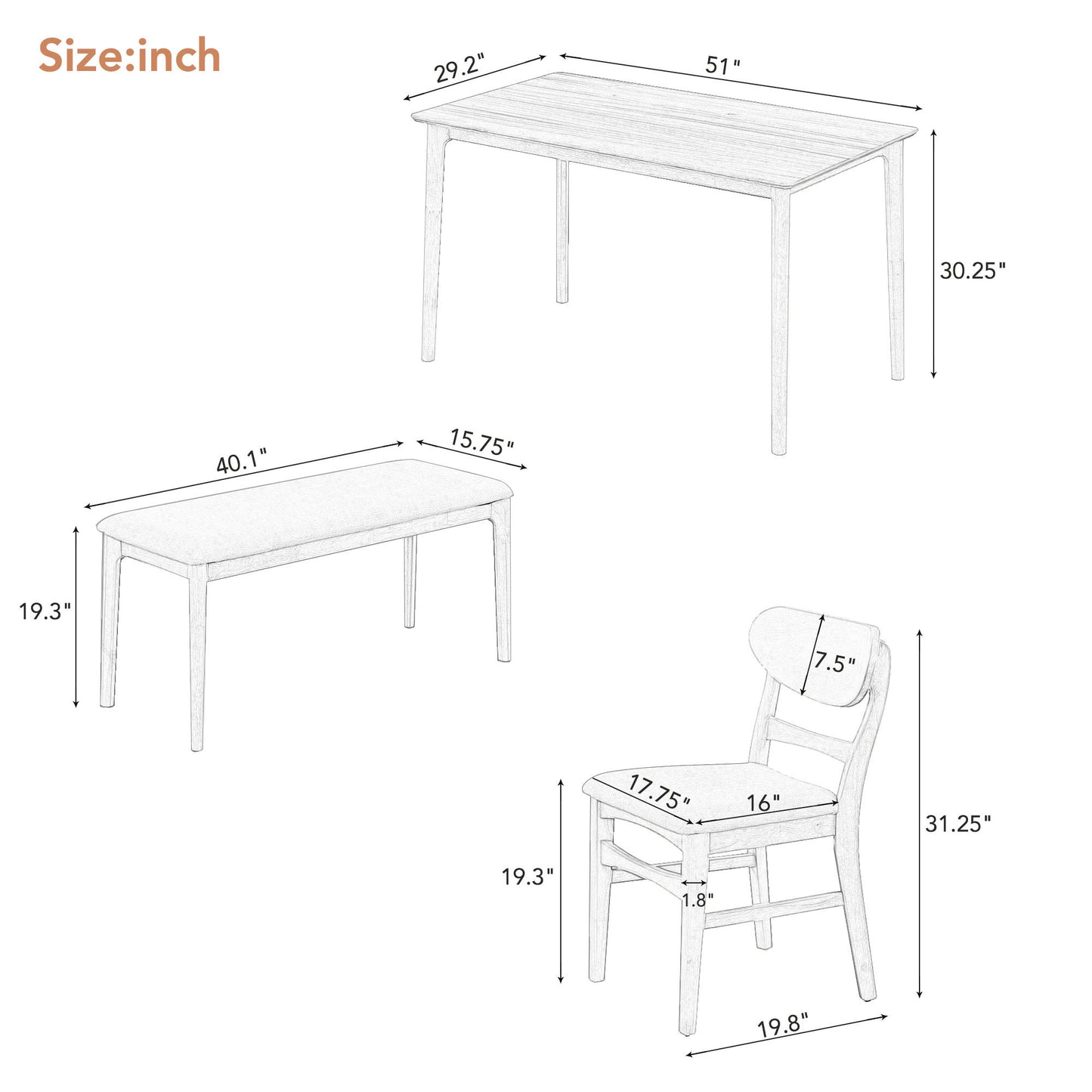 TREXM Dining Table Set for 4, Kitchen Table with 2 Chairs and 1 Bench, Solid Wood Frame and Soft Cushion for Small Space, Dining Room, Office (Natural Wood Wash)