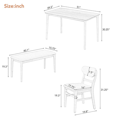 TREXM Dining Table Set for 4, Kitchen Table with 2 Chairs and 1 Bench, Solid Wood Frame and Soft Cushion for Small Space, Dining Room, Office (Natural Wood Wash)