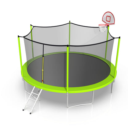 16ft Trampoline with Enclosure, New Upgraded Kids Outdoor Trampoline with Basketball Hoop and Ladder, Heavy-Duty Round Trampoline，Green