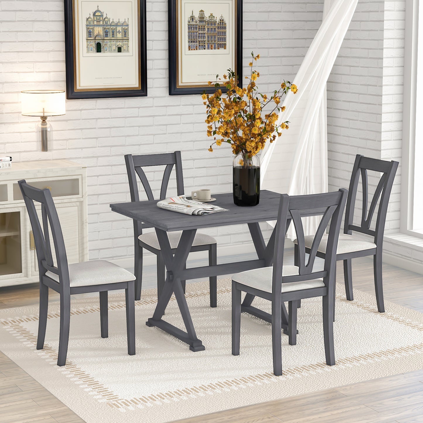 TOPMAX Mid-Century Wood 5-Piece Dining Table Set with 4 Upholstered Dining Chairs for Small Places, Antique Grey