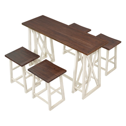 TOPMAX Rustic Counter Height 5-Piece Dining Set, Wood Console Table Set with 4 Stools for Small Places,Walnut+Cream