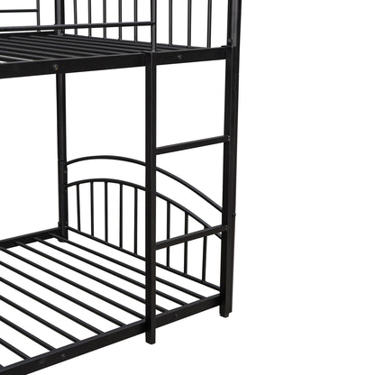 Twin Over Twin Metal Bunk Bed With Slide,Kids House Bed Black+Red