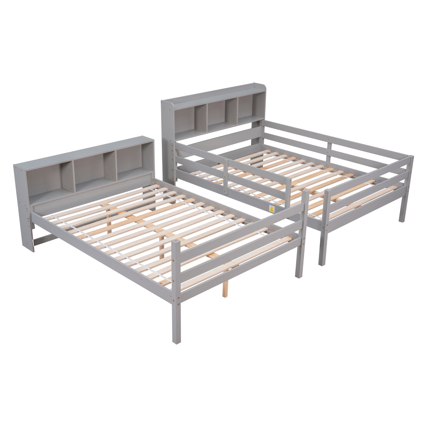 Full Over Full Bunk Beds with Bookcase Headboard, Solid Wood Bed Frame with Safety Rail and Ladder, Kids/Teens Bedroom, Guest Room Furniture, Can Be converted into 2 Beds, Grey