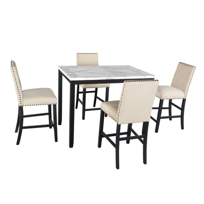 TOPMAX 5 Piece Counter Height Faux Marble Modern Dining Set with Matching Chairs and Marble Veneer  for Home, Beige