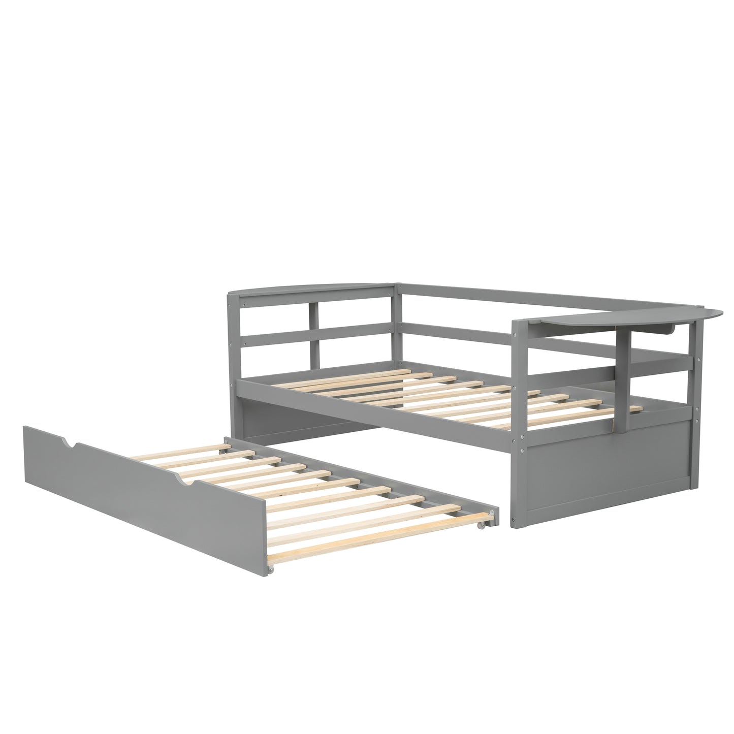 Twin Size Daybed with Trundle and Foldable Shelves on Both Sides,Gray