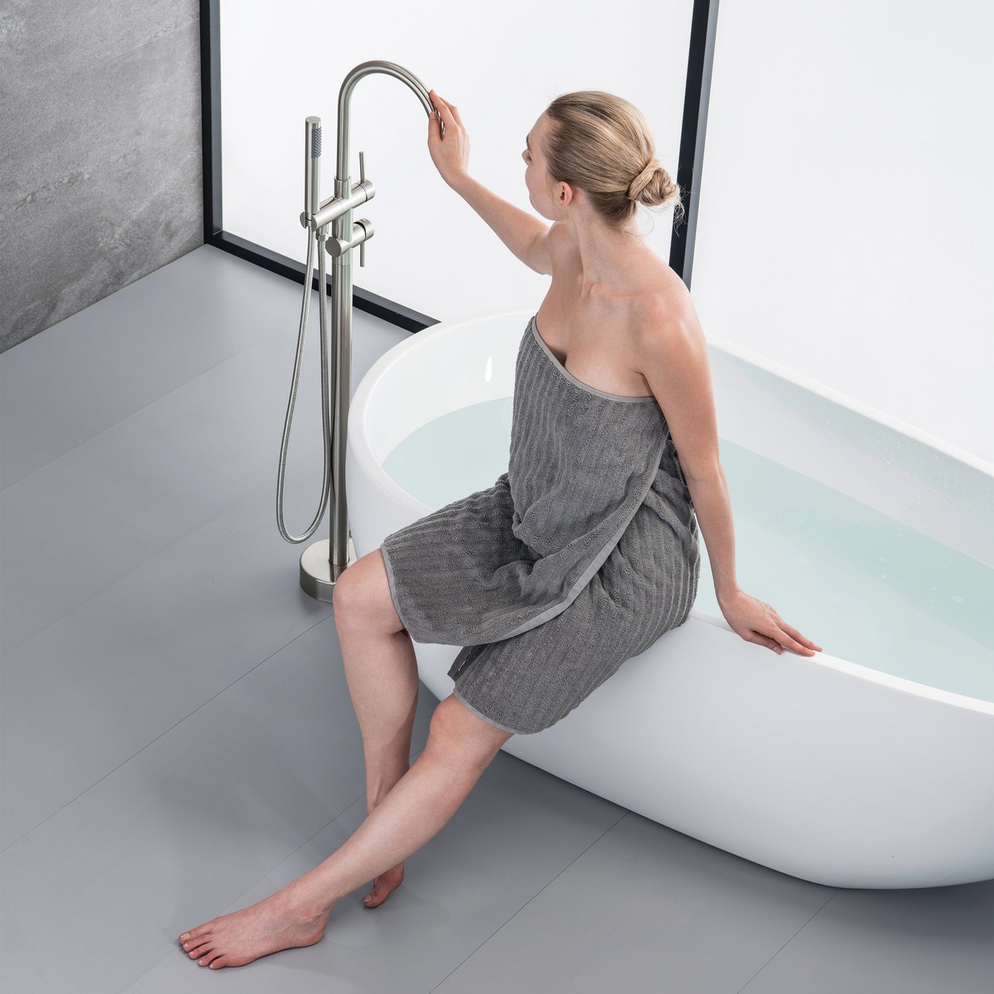 TrustMade Double Handle Freestanding Tub Filler with Handshower, Brushed Nickel - R01