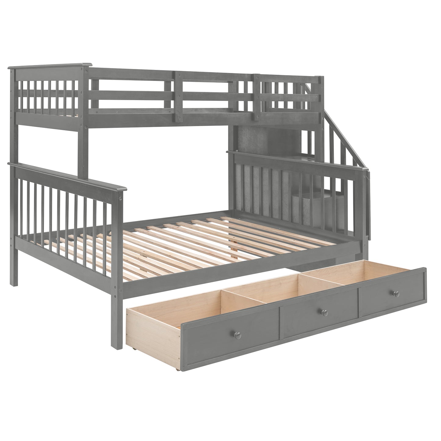Stairway Twin-Over-Full Bunk Bed with Drawer, Storage and Guard Rail for Bedroom, Dorm, for Adults, Gray color(Old SKU: LP000219AAE)