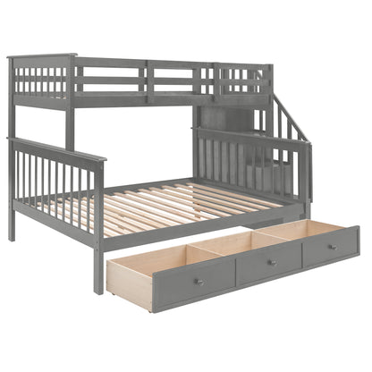Stairway Twin-Over-Full Bunk Bed with Drawer, Storage and Guard Rail for Bedroom, Dorm, for Adults, Gray color(Old SKU: LP000219AAE)