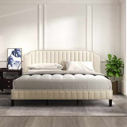 Modern Linen Curved Upholstered Platform Bed , Solid Wood Frame , Nailhead Trim, Cream (King)