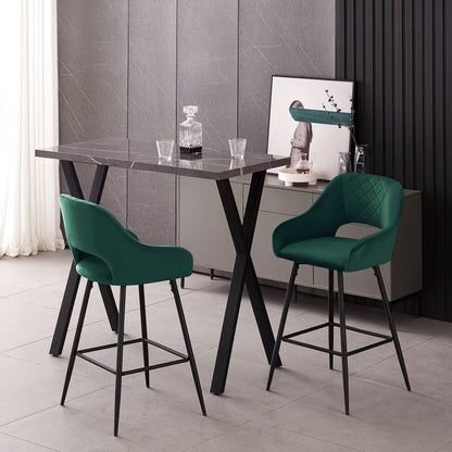 Bar Stools Set of 2 Velvet GREEN Breakfast Dining Bar Stools Fixed Height Bar Chairs with Metal Frame and Footrest for Breakfast Bar, Counter, Kitchen and Home