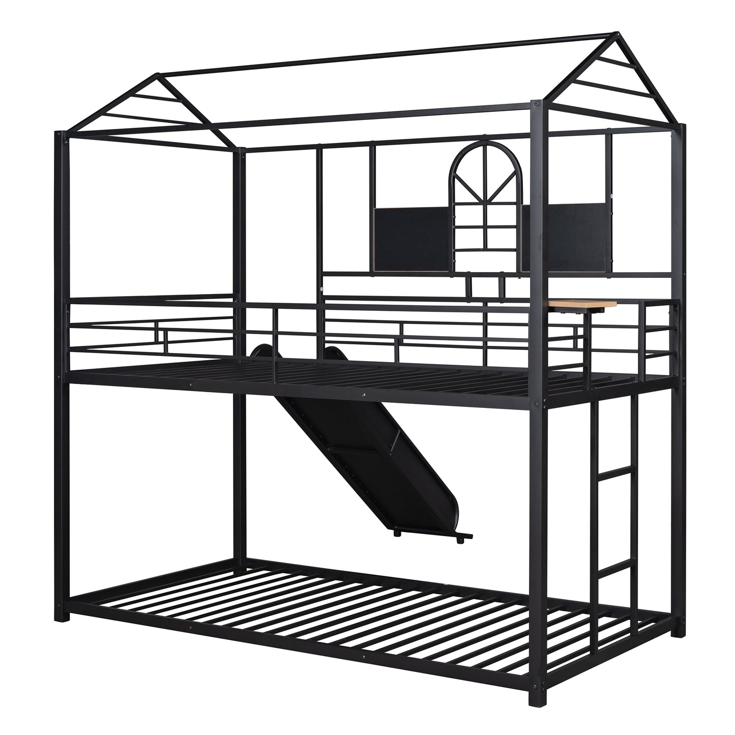 Twin Over Twin Metal Bunk Bed ,Metal Housebed With Slide,Three Colors Available.(Black with Black  Slide)(OLD SKU :LP000095AAB)