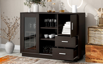 TREXM Kitchen Functional Sideboard with Glass Sliding Door and Integrated 16 Bar Wine Compartment, Wineglass Holders (Espresso)