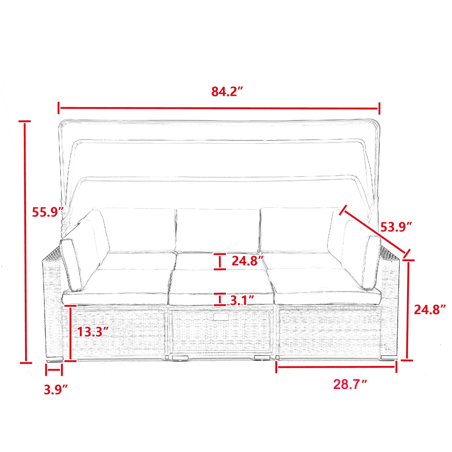 7Pcs Outdoor Garden Patio Furniture  PE Rattan Wicker  Sectional Cushioned Sofa Sets with 2 Pillows and Coffee Table with roof