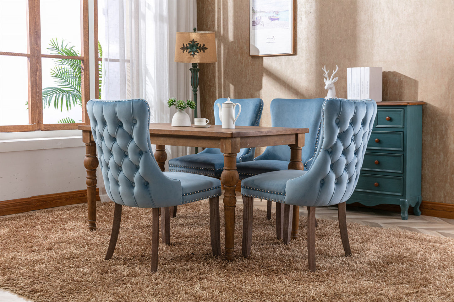 A&A Furniture,Upholstered Wing-Back Dining Chair with Backstitching Nailhead Trim and Solid Wood Legs,Set of 2, Light Blue,8809LB, KD