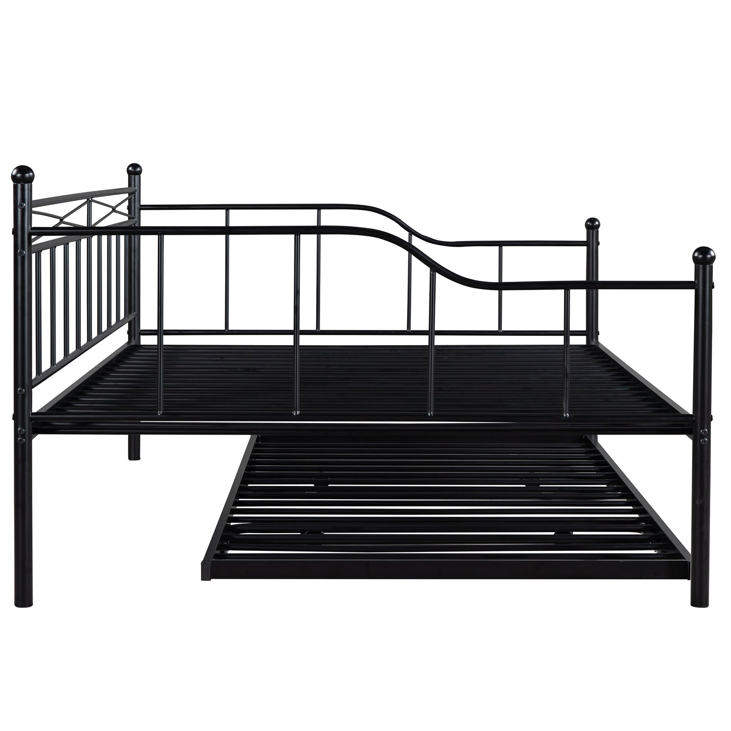 Full Size Metal Daybed with Twin Size Adjustable Trundle, Portable Folding Trundle, Black