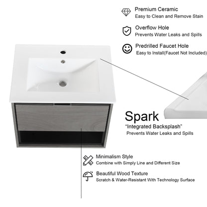 24 inches Floating Bathroom Vanity Combo with Integrated Single Sink and 1 Soft Close Drawer