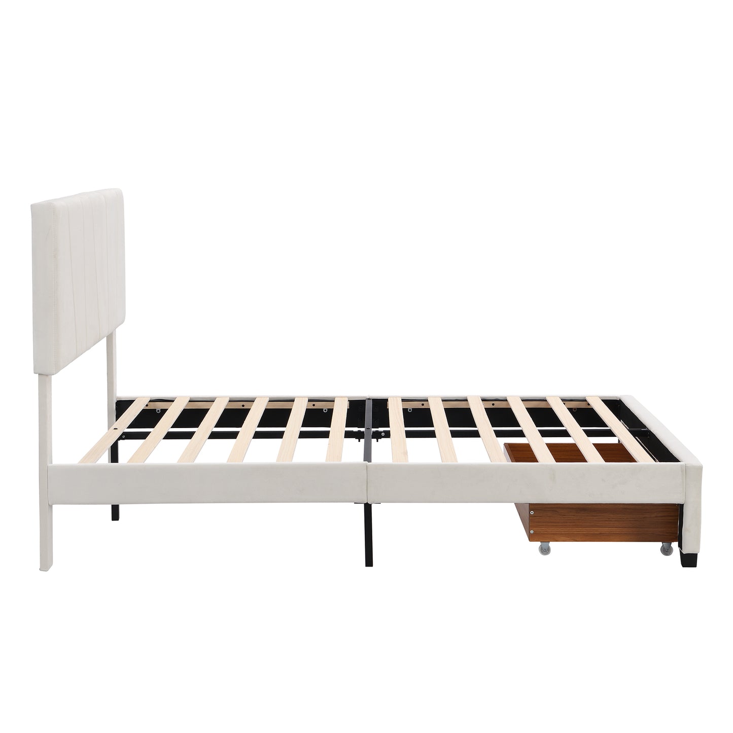 Queen Size Upholstery Platform Bed with One Drawer,Adjustable Headboard, Beige