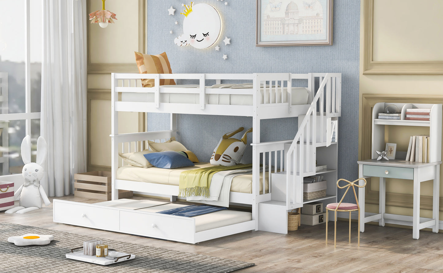 Stairway Twin-Over-Twin Bunk Bed with Twin size Trundle for Bedroom, Dorm, Adults, White( old sku: LP000209AAK )