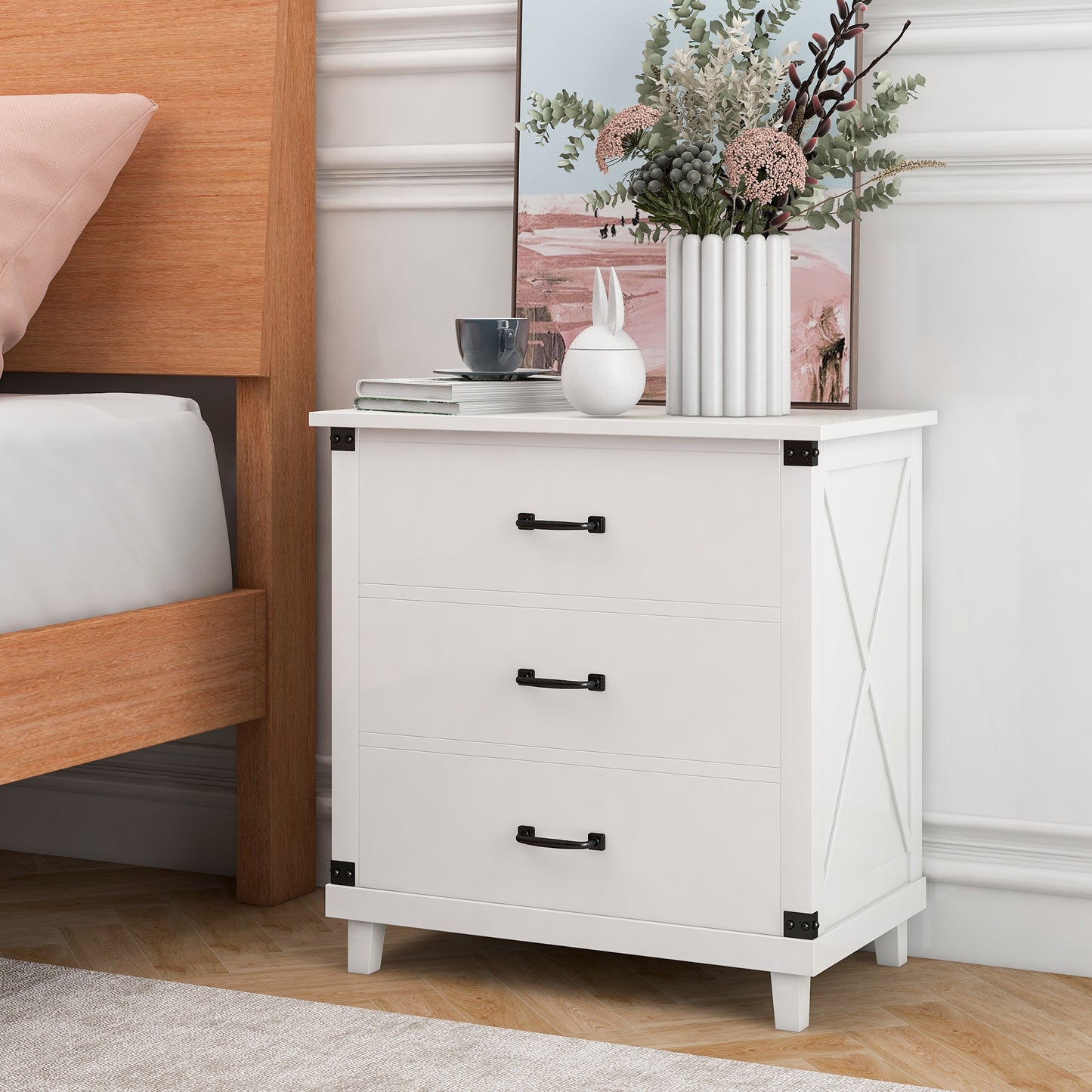 Modern Bedroom Nightstand with 3 Drawers Storage , White