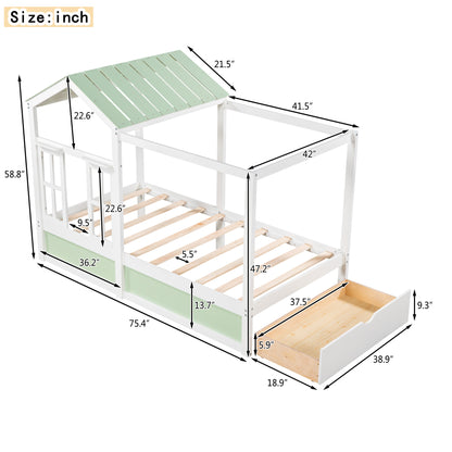 Twin Size House Bed with Roof, Window and Drawer - Green + White